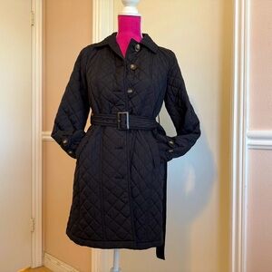 Talbots,Women Long Quilt Coat, Size Small Petite, Black, Belted ,NWOT